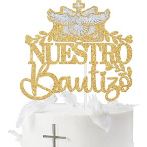 Nuestro Bautizo Cake Topper, Spanish First Holy Communion/Gold Bless, Religious Baby Shower/Baby's 1st Birthday/Baptism Party Decorations Supplies for Boys Girls, Silver and Gold Glitter