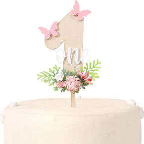 Wooden Butterfly One Cake Topper - Butterfly First/1st Birthday Decorations,Butterfly 1st Cake Decorations,Flower Themed First Birthday Cake Smash Party Decoration,