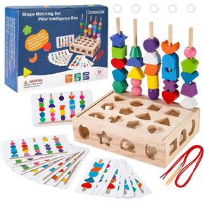 3 in 1 Wooden Color Sorting Stacking Toys, Montessori Toys Geometric Shape Matching Game Wooden Beads Sequencing Toy Set Lacing Beads Stem Fine Motor Skills for Toddlers