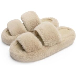 Women's Slippers Memory Foam Slippers for Women Fuzzy Comfy Faux Fur House Shoes Furry Bedroom Indoor Open Toe Slippers Two Bands Trendy Gift Slippers