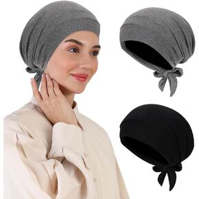 2 PCS Hijab Undercap for Women, Islamic Muslim Under Hijab Cap Satin Lined Undercap Tie Back Bonnet Inner Head Scarf Head Wraps Hair Turbans for Women Chemo Headwear Sleep Cap, Black+Dark Grey