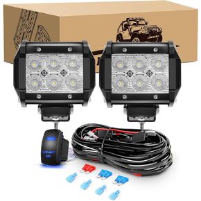 GOOACC 2PCS 18W LED Pods Flood Light Bar Fog Light Driving Lighting with 12V 5Pin Rocker Switch Off Road Wiring Harness-2 Leads for Truck Golf Cart SUV ATV UTV Boat, 2 Years Warranty (Auto-605)