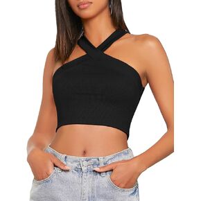 Verdusa Women's Casual Crisscross Sleeveless Rib Knit Halter Crop Tank Slim Fit Tops