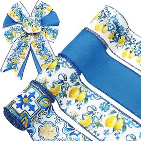 Whaline Lemon Wired Edge Ribbon 24 Yards Blue Tile Lemon Fabric Craft Ribbon for Spring Summer Baby Shower Birthday Gift Wrapping Wreath Bow DIY Crafts, 4 Roll