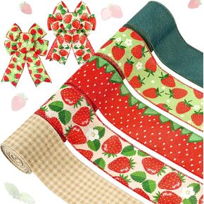 5Rolls Strawberry Wired Edge Ribbon Red Pink Green Strawberry Plaid Patterned Burlap Ribbon Summer Fruit Fabric Ribbon for Gift Wrapping Bow Wreath Making Craft, 25 Yards