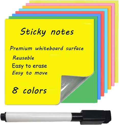 Dry Erase Sticky Notes | Reusable Small Whiteboard Stickers (4X4 in) Suitable for All Smooth Surface Washable & Removable Easy to Post for Office, Home, Eco-Friendly, 8 Colors in Saudi Arabia