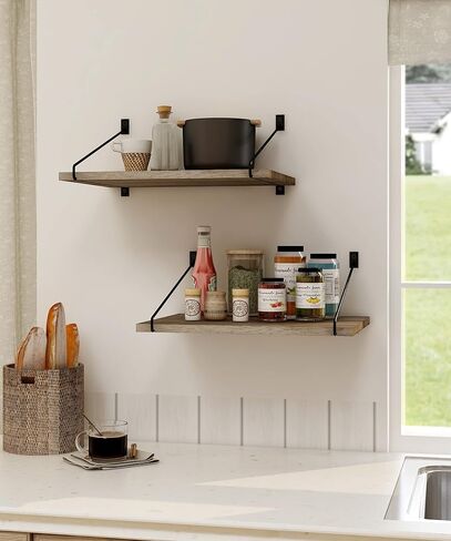 أرفف عائمة للجدار، أرفف عائمة عميقة على الحائط، أرفف حائط ريفية بطول 16 × عرض 12 بوصة، منظم مطبخ خشبي لتخزين غرفة المعيشة وغرفة النوم والحمام، مجموعة متفحمة من 2 in Kuwait