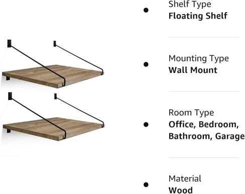 أرفف عائمة للجدار، أرفف عائمة عميقة على الحائط، أرفف حائط ريفية بطول 16 × عرض 12 بوصة، منظم مطبخ خشبي لتخزين غرفة المعيشة وغرفة النوم والحمام، مجموعة متفحمة من 2 in Kuwait
