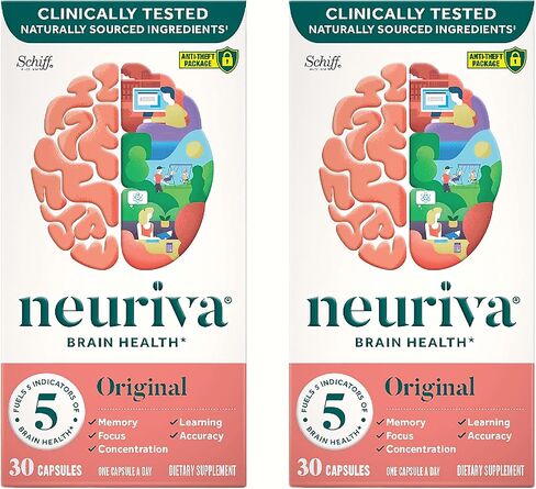 أداء الدماغ الأصلي من NEURIVA (30 قطعة)، مكمل دعم الدماغ بمكونات طبيعية مثبتة سريريًا، قطعة واحدة (عبوة من قطعتين) in Kuwait
