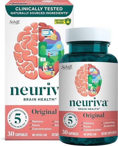 أداء الدماغ الأصلي من NEURIVA (30 قطعة)، مكمل دعم الدماغ بمكونات طبيعية مثبتة سريريًا، قطعة واحدة (عبوة من قطعتين) in Kuwait