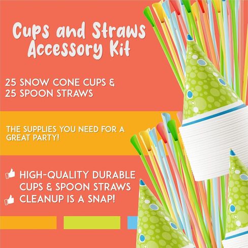 Hawaiian Shaved Ice Cups and Straws Set: 25 - 6oz. Durable Waxed Paper Snow Cone Cups plus 25 Plastic Spoon Straws, Multi-Colored in Saudi Arabia