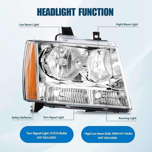 Headlight Assembly Compatible with 2007-2014 Chevy Tahoe Suburban 1500 2500/07-13 Avalanche HeadLamp, Black Housing Amber Reflector, 2PCS 2008 2009 2010 2011 2012 in Saudi Arabia