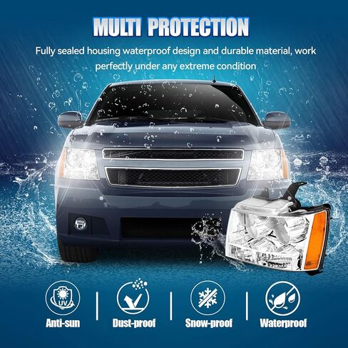 Headlight Assembly Compatible with 2007-2014 Chevy Tahoe Suburban 1500 2500/07-13 Avalanche HeadLamp, Black Housing Amber Reflector, 2PCS 2008 2009 2010 2011 2012 in Saudi Arabia