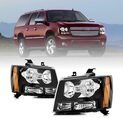 مجموعة المصابيح الأمامية متوافقة مع 2007-2014 Chevy Tahoe Suburban 1500 2500/07-13 مصباح أمامي أفالانش، غطاء كروم عاكس شفاف 2008 09 10 11 12 in Kuwait