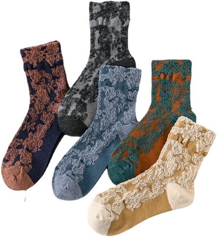 5 Pairs Women Vintage Floral Ethnic Jacquard Cotton Socks Y2K Fairycore Indie Crew Socks Ankle Dress Socks Alt Accessories in Saudi Arabia