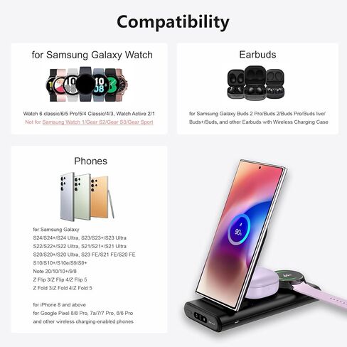 شاحن محمول لهاتف سامسونج، بنك طاقة 10000 مللي أمبير في الساعة 3 في 1 محطة شحن لاسلكية لهاتف Samsung Galaxy S24 Ultra/S24/S23 Ultra/S23/S22، Galaxy Watch 6/6 Classic/5/5 Pro/4، Galaxy Buds 2 Pro/2 in Kuwait