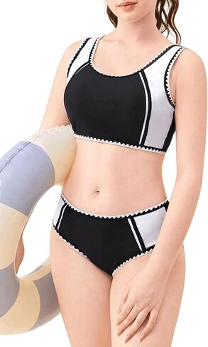 OYOANGLE Girl's 2 Piece Bikini Set Colorblock Scoop Neck Sleeveless Wireless Swimwear Bathing Suits in Saudi Arabia