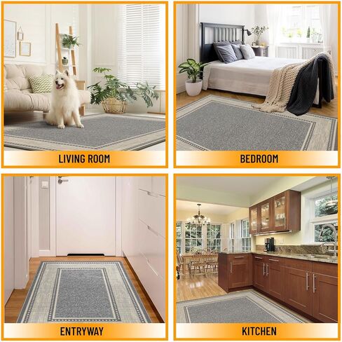 Ottomanson Machine Washable Bordered Design Non-Slip Rubberback 5x7 Traditional Area Rug for Living Room, Bedroom, Kitchen, Dining Room, 5' x 6'6", Light Gray in Saudi Arabia