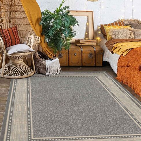 Ottomanson Machine Washable Bordered Design Non-Slip Rubberback 5x7 Traditional Area Rug for Living Room, Bedroom, Kitchen, Dining Room, 5' x 6'6", Light Gray in Saudi Arabia