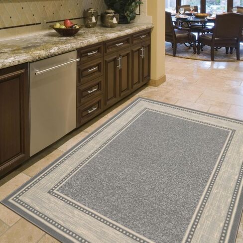 Ottomanson Machine Washable Bordered Design Non-Slip Rubberback 5x7 Traditional Area Rug for Living Room, Bedroom, Kitchen, Dining Room, 5' x 6'6", Light Gray in Saudi Arabia