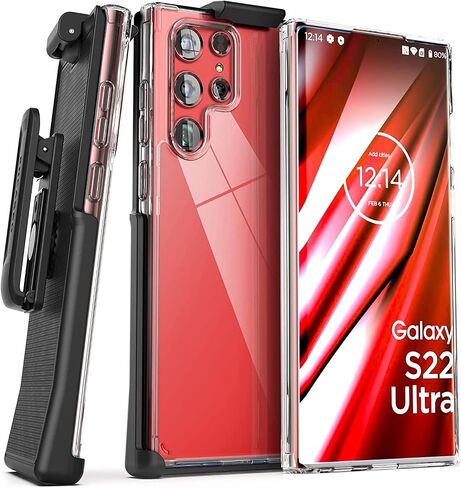 جراب خلفي شفاف مغلف لهاتف Samsung Galaxy S22 Ultra بمشبك حزام، غطاء هاتف واقٍ نحيف مع حافظة (S22 Ultra) in Saudi Arabia