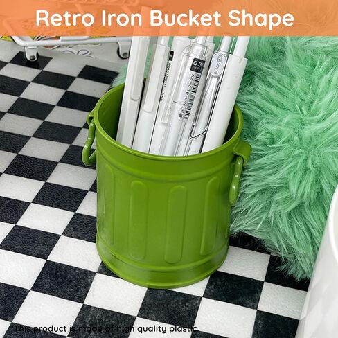 Pencil Pen Holder for Desk, Retro Iron Bucket Shaped Hangable Pen Holder Desk Organizer, DIY Pen Holder Decorated with Cute Stickers for Office, School, Home (Green) in Saudi Arabia