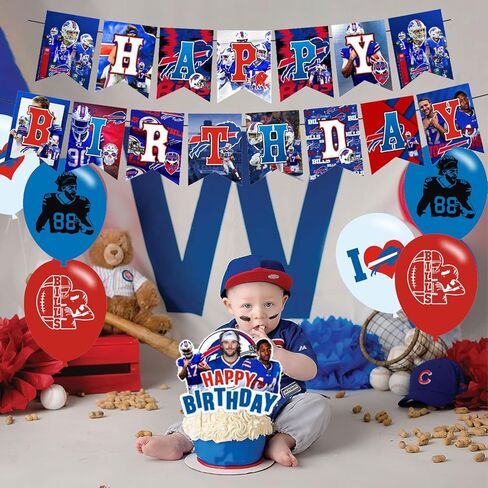 Bills Birthday Party Decorations,Buffalo Party Supplies,Buffalo Football Supplies Includes Happy Birthday Banner, Balloons, Cupcake Toppers, Cake Topper for Boys And Girls in Kuwait