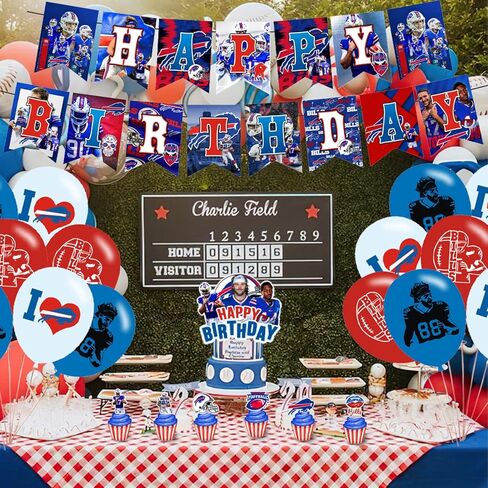 Bills Birthday Party Decorations,Buffalo Party Supplies,Buffalo Football Supplies Includes Happy Birthday Banner, Balloons, Cupcake Toppers, Cake Topper for Boys And Girls in Kuwait