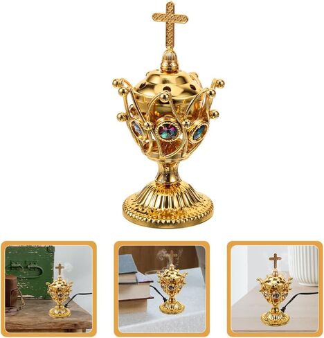 BESTOYARD Electric Incense Burner Plug-in Cross Incense Holder Golden Bakhoor Burner Vintage Tabletop Incense Stove Oud Frankincense Burner for Yoga Spa Decor US Plug in Saudi Arabia