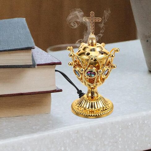BESTOYARD Electric Incense Burner Plug-in Cross Incense Holder Golden Bakhoor Burner Vintage Tabletop Incense Stove Oud Frankincense Burner for Yoga Spa Decor US Plug in Saudi Arabia