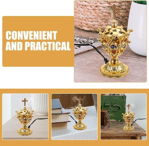 BESTOYARD Electric Incense Burner Plug-in Cross Incense Holder Golden Bakhoor Burner Vintage Tabletop Incense Stove Oud Frankincense Burner for Yoga Spa Decor US Plug in Saudi Arabia
