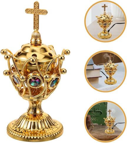BESTOYARD Electric Incense Burner Plug-in Cross Incense Holder Golden Bakhoor Burner Vintage Tabletop Incense Stove Oud Frankincense Burner for Yoga Spa Decor US Plug in Saudi Arabia