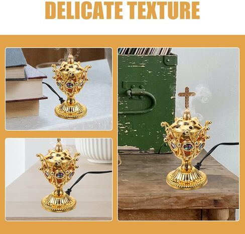 BESTOYARD Electric Incense Burner Plug-in Cross Incense Holder Golden Bakhoor Burner Vintage Tabletop Incense Stove Oud Frankincense Burner for Yoga Spa Decor US Plug in Saudi Arabia