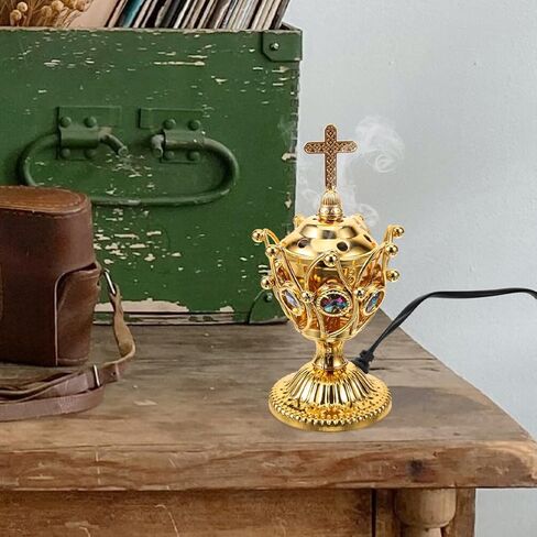 BESTOYARD Electric Incense Burner Plug-in Cross Incense Holder Golden Bakhoor Burner Vintage Tabletop Incense Stove Oud Frankincense Burner for Yoga Spa Decor US Plug in Saudi Arabia