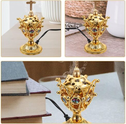 BESTOYARD Electric Incense Burner Plug-in Cross Incense Holder Golden Bakhoor Burner Vintage Tabletop Incense Stove Oud Frankincense Burner for Yoga Spa Decor US Plug in Saudi Arabia