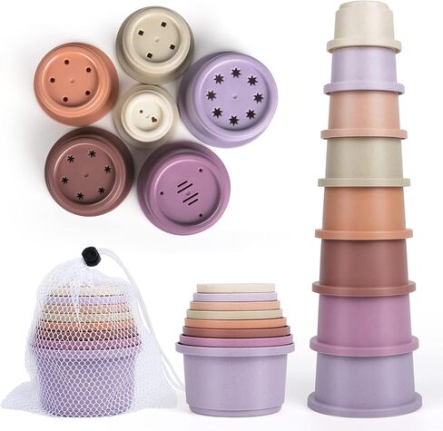 Baby Stacking Cup for Toddler 1-3, 8PCS Counting Nesting Measuring Cups Set, Stackable Bath Toy for 6-12 Months Kids, Educational Montessori Gift for Boys and Girls, Natural Sugarcane Cups for Rabbits in Saudi Arabia