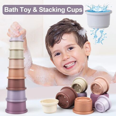 Baby Stacking Cup for Toddler 1-3, 8PCS Counting Nesting Measuring Cups Set, Stackable Bath Toy for 6-12 Months Kids, Educational Montessori Gift for Boys and Girls, Natural Sugarcane Cups for Rabbits in Saudi Arabia