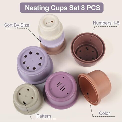 Baby Stacking Cup for Toddler 1-3, 8PCS Counting Nesting Measuring Cups Set, Stackable Bath Toy for 6-12 Months Kids, Educational Montessori Gift for Boys and Girls, Natural Sugarcane Cups for Rabbits in Saudi Arabia