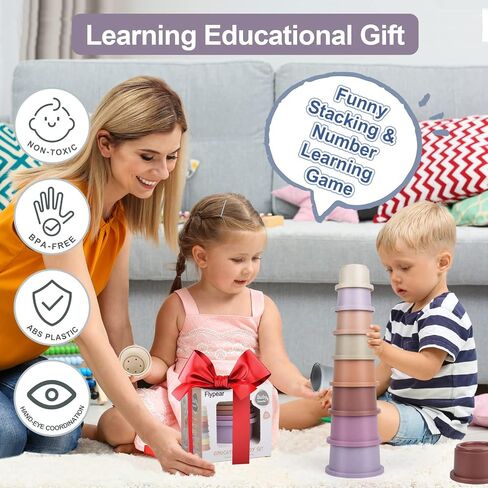 Baby Stacking Cup for Toddler 1-3, 8PCS Counting Nesting Measuring Cups Set, Stackable Bath Toy for 6-12 Months Kids, Educational Montessori Gift for Boys and Girls, Natural Sugarcane Cups for Rabbits in Saudi Arabia