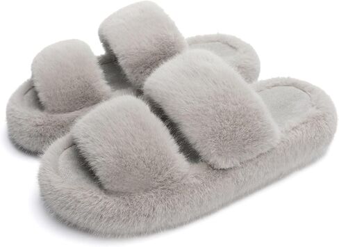 Chantomoo Women's Slippers Memory Foam Slippers for Women Fuzzy Comfy Faux Fur House Furry Indoor Open Two Bands Gift Slippers in Saudi Arabia