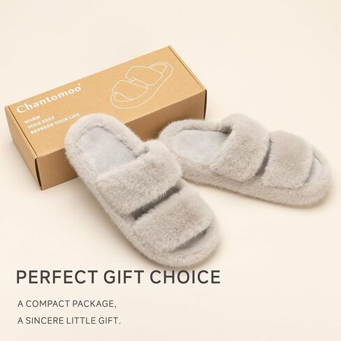 Chantomoo Women's Slippers Memory Foam Slippers for Women Fuzzy Comfy Faux Fur House Furry Indoor Open Two Bands Gift Slippers in Saudi Arabia