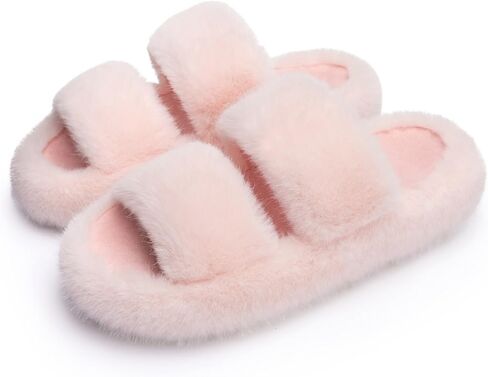 Chantomoo Women's Slippers Memory Foam Slippers for Women Fuzzy Comfy Faux Fur House Furry Indoor Open Two Bands Gift Slippers in Saudi Arabia