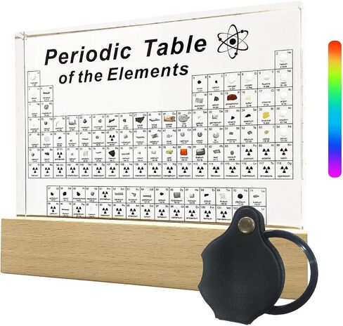 Periodic Table with Real Elements Inside with LED Wooden Stand and Magnifying Glass, Craft Decor, Science Creative Gift for Teachers Parents Friends and Students in Saudi Arabia