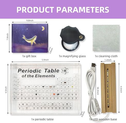 Periodic Table with Real Elements Inside with LED Wooden Stand and Magnifying Glass, Craft Decor, Science Creative Gift for Teachers Parents Friends and Students in Saudi Arabia