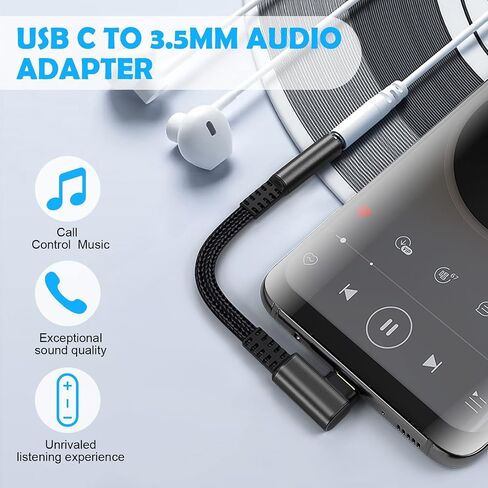 USB C to 3.5mm Jack Compatible with Samsung Galaxy S22 S21 S20 Ultra Note 20, Huawei Mate 40/P30, Xiaomi, Type C Headphone Adapter, Aux Digital Audio Earphone Adaptor, Angled Hi-Res DAC Adaptor in Saudi Arabia