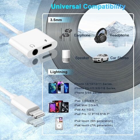 [Apple MFi Certified] Lightning to 3.5mm Headphone Jack Adapter, 2 Pack 2 in 1 iPhone Dongle 3.5 mm Aux Audio +Charger Splitter Adapter Compatible for iPhone 14 13 12 11 XS XR X 8, Support All iOS in Kuwait
