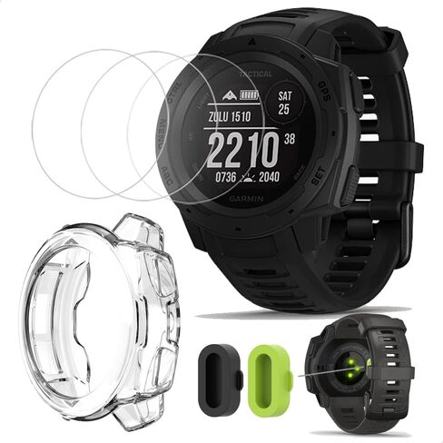 (3 + 2 + 1) (ليس للغريزة 2) للساعة الذكية Garmin Instinct and Instinct Solar (3 عبوات) واقيات شاشة من الزجاج المقسى + (2 قطعة) مقابس مضادة للغبار لمنفذ الشاحن + (1 قطعة) غطاء حماية من مادة TPU in Saudi Arabia