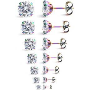 Ruifan 20G Mix Color Stainless Steel Clear Round Cubic Zirconia Stud Earrings for Men Women 2-8mm 7Pairs in Kuwait