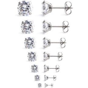 Ruifan 20G Mix Color Stainless Steel Clear Round Cubic Zirconia Stud Earrings for Men Women 2-8mm 7Pairs