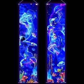 Tiamon 2 Pieces Blacklight Astronaut Tapestry Banner Black Light Art Wall Decor UV Reactive Space Mushroom Tapestry Posters Aesthetic Room Hanging Backdrop for Hippie Home Bedroom Decor